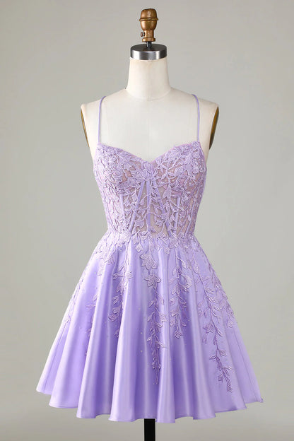 Corset A-Line Satin Short Purple Homecoming Dress With Lace