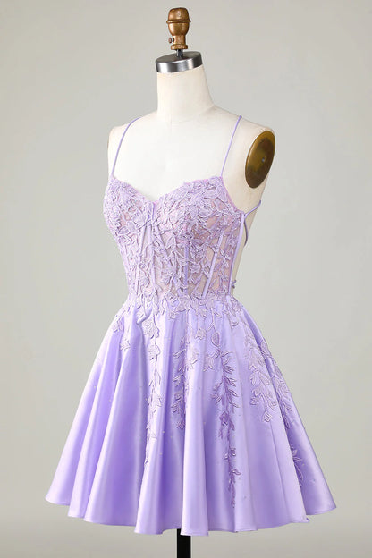 Corset A-Line Satin Short Purple Homecoming Dress With Lace