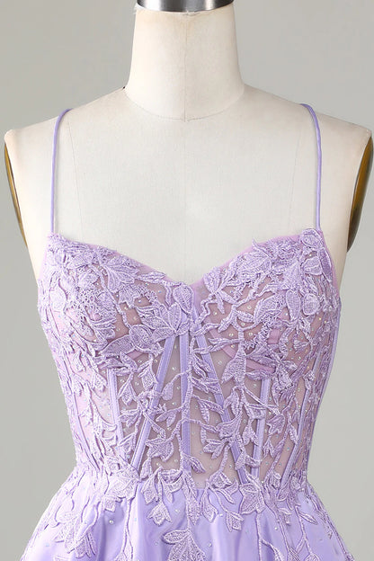 Corset A-Line Satin Short Purple Homecoming Dress With Lace