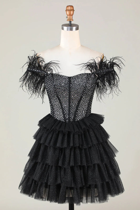 A-Line Black Sparkly Beaded Corset Short Homecoming Dress With Feathers