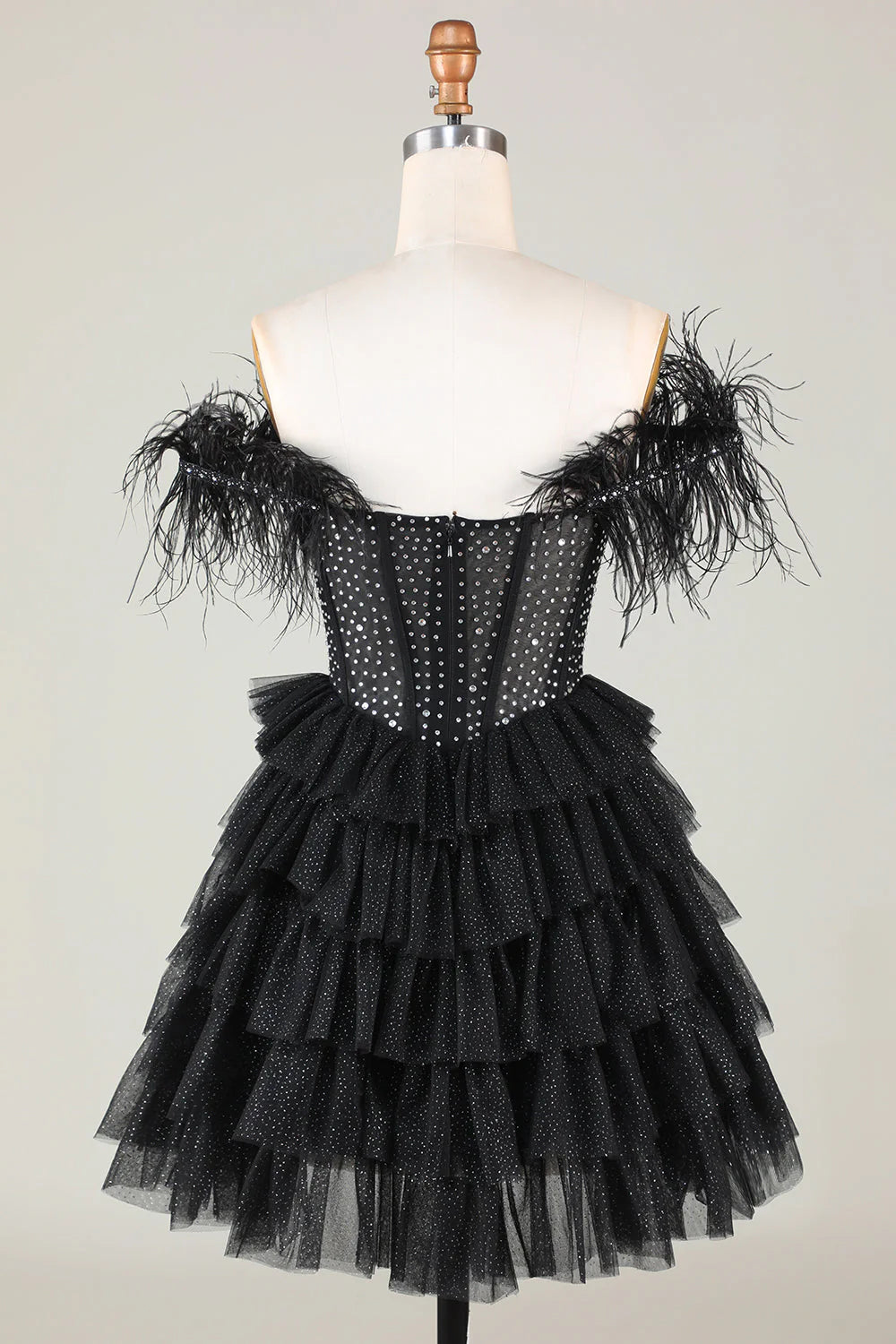 A-Line Black Sparkly Beaded Corset Short Homecoming Dress With Feathers