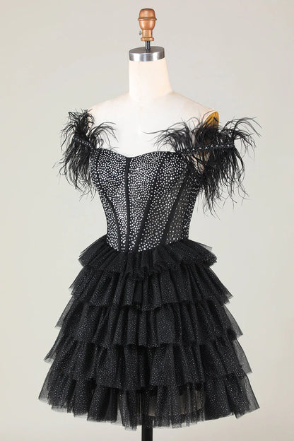 A-Line Black Sparkly Beaded Corset Short Homecoming Dress With Feathers