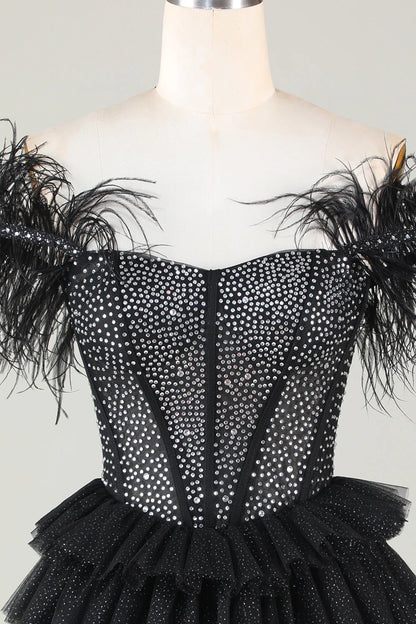 A-Line Black Sparkly Beaded Corset Short Homecoming Dress With Feathers