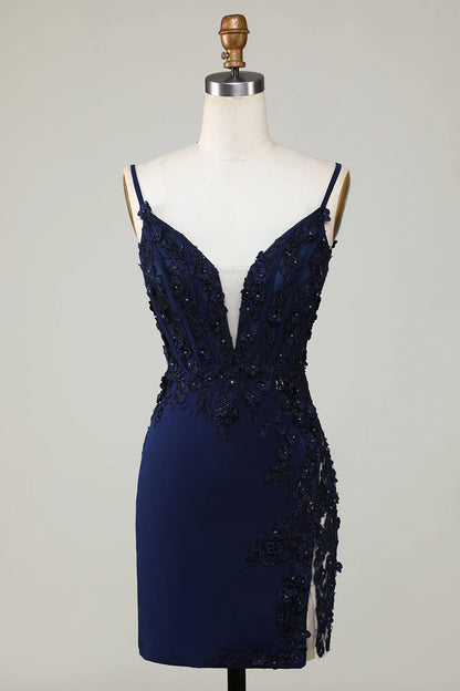 Navy Sparkly Corset Tight Short Homecoming Dress With Lace