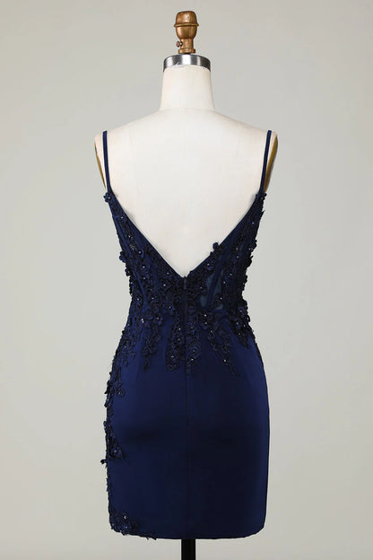 Navy Sparkly Corset Tight Short Homecoming Dress With Lace