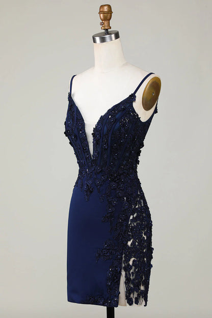 Navy Sparkly Corset Tight Short Homecoming Dress With Lace