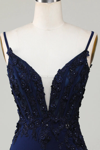 Navy Sparkly Corset Tight Short Homecoming Dress With Lace