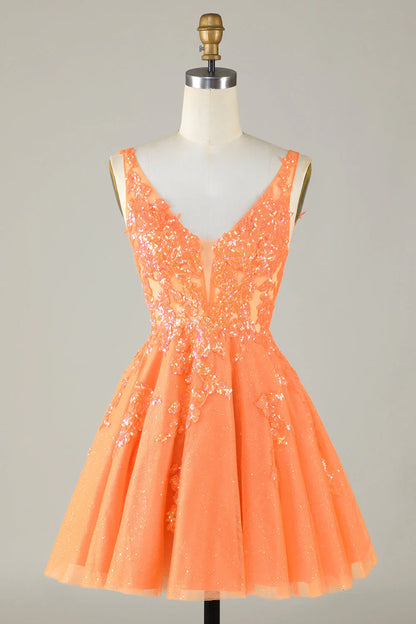 Cute Sparkly Orange Homecoming Dress With Sequins Appliques