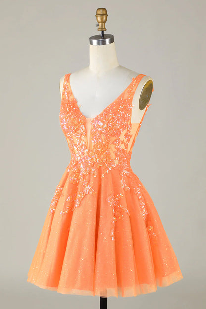 Cute Sparkly Orange Homecoming Dress With Sequins Appliques