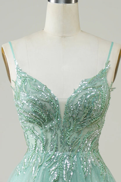 Green Glitter Homecoming Dress With Beaded