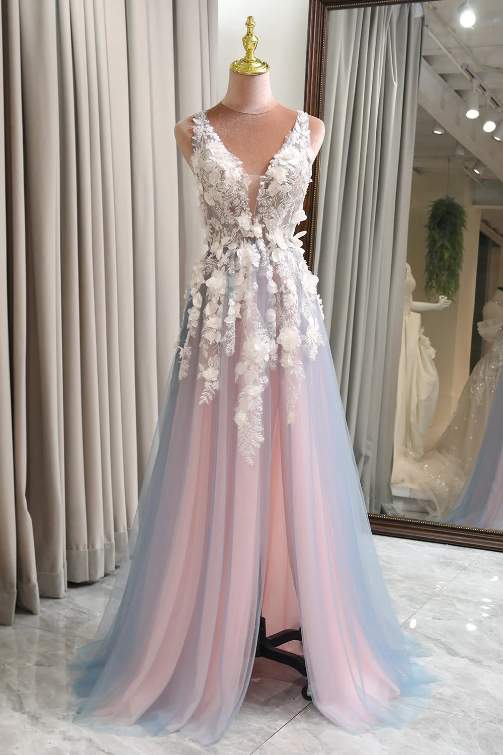 Grey Pink Gorgeous A-Line Deep V Neck Long Prom Dress With Slit