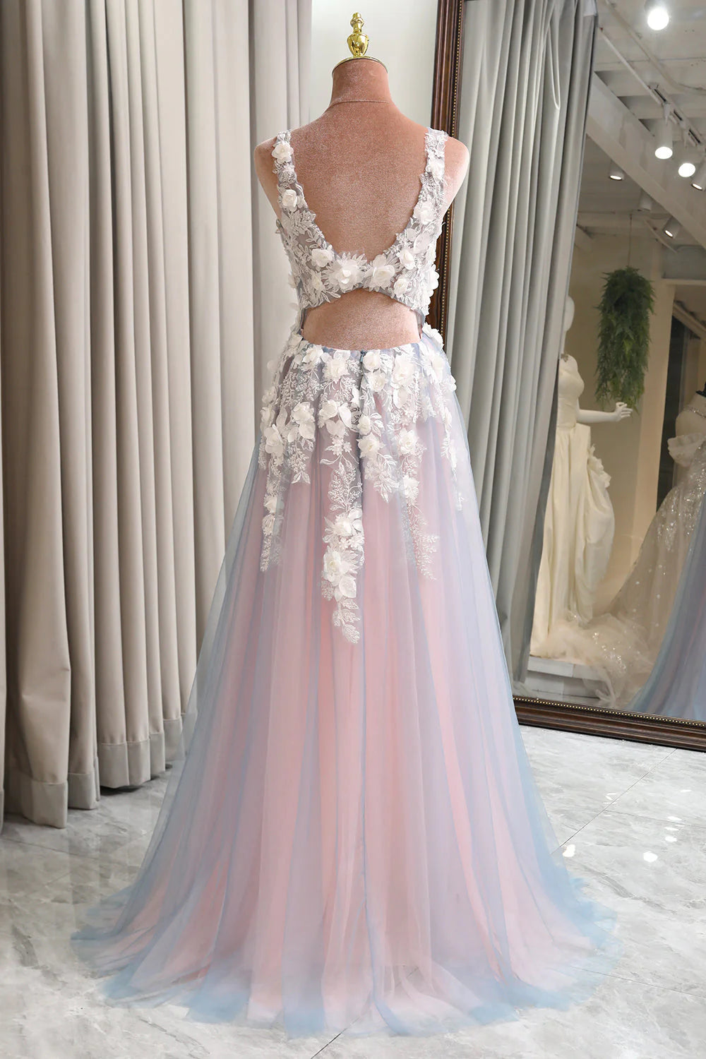 Grey Pink Gorgeous A-Line Deep V Neck Long Prom Dress With Slit