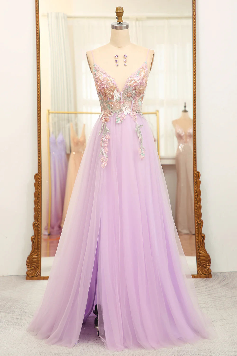 A-Line Spaghetti Straps Flowers Long Lilac Glitter Prom Dress