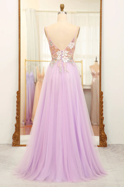 A-Line Spaghetti Straps Flowers Long Lilac Glitter Prom Dress