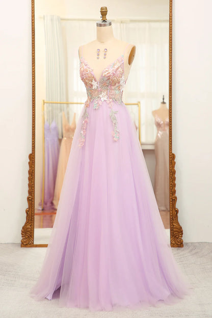 A-Line Spaghetti Straps Flowers Long Lilac Glitter Prom Dress