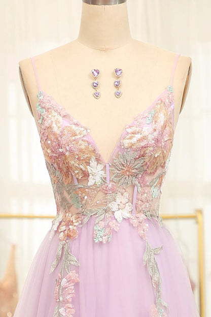 A-Line Spaghetti Straps Flowers Long Lilac Glitter Prom Dress