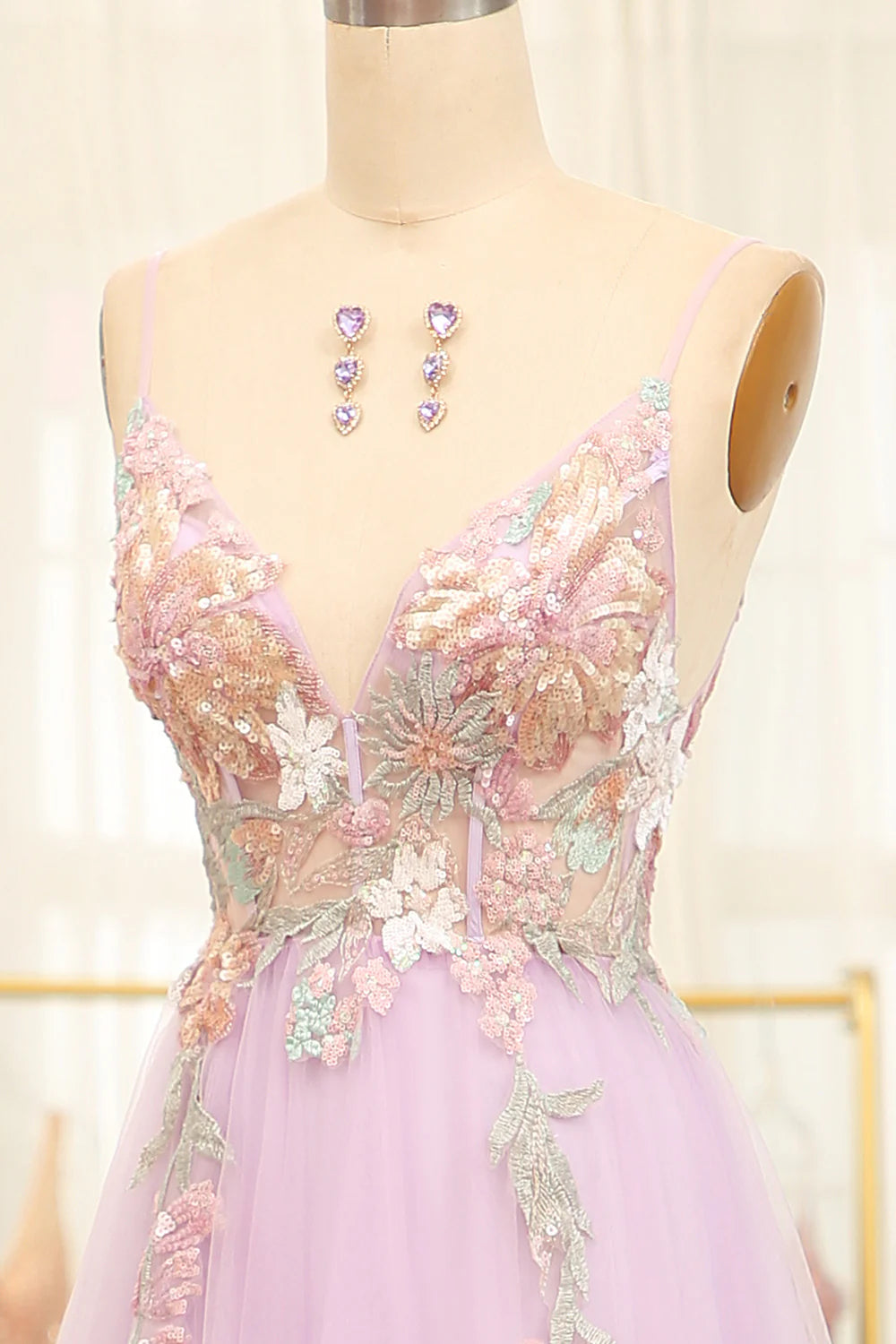 A-Line Spaghetti Straps Flowers Long Lilac Glitter Prom Dress