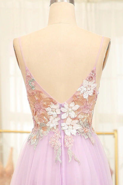 A-Line Spaghetti Straps Flowers Long Lilac Glitter Prom Dress