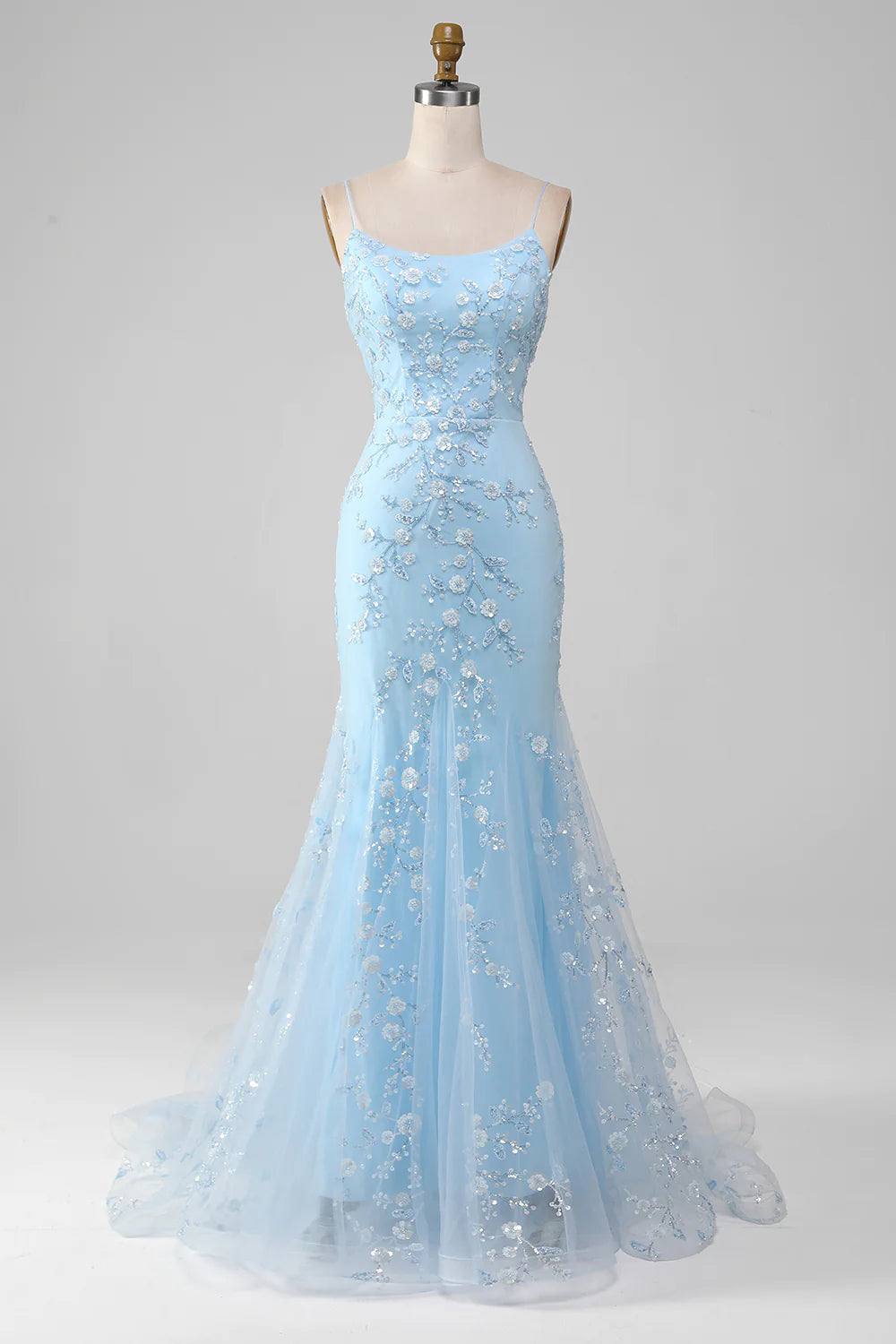 Weitese Sparkly Light Blue Mermaid Lace Up Long Prom Dress With Sequined Appliques