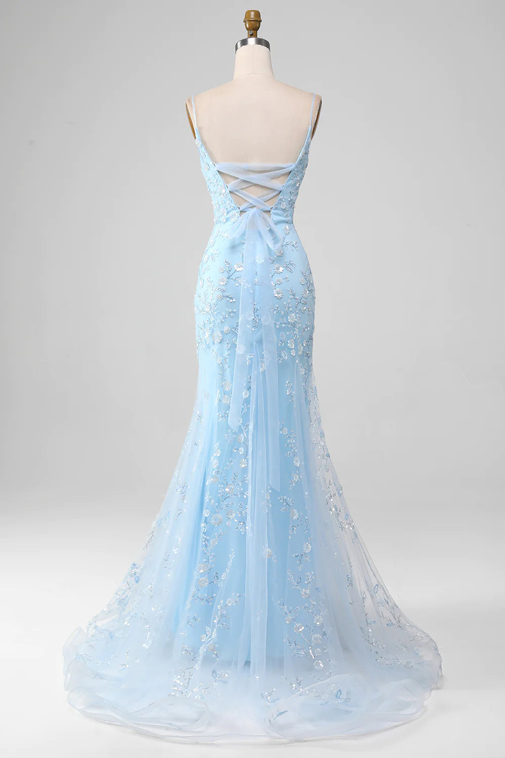 Weitese Sparkly Light Blue Mermaid Lace Up Long Prom Dress With Sequined Appliques