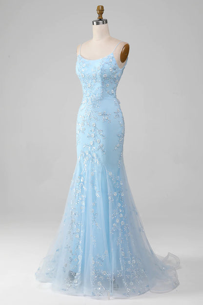 Weitese Sparkly Light Blue Mermaid Lace Up Long Prom Dress With Sequined Appliques