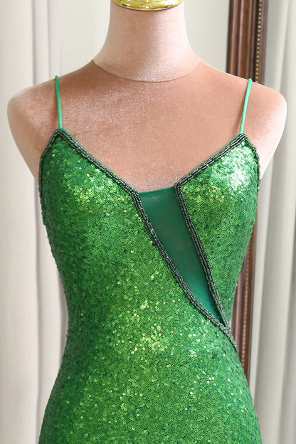 Green Sparkly Mermaid  Sequins Long Prom Dress With Split Front