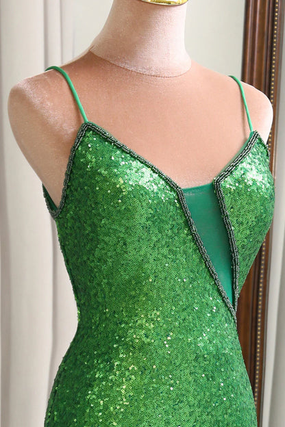 Green Sparkly Mermaid  Sequins Long Prom Dress With Split Front