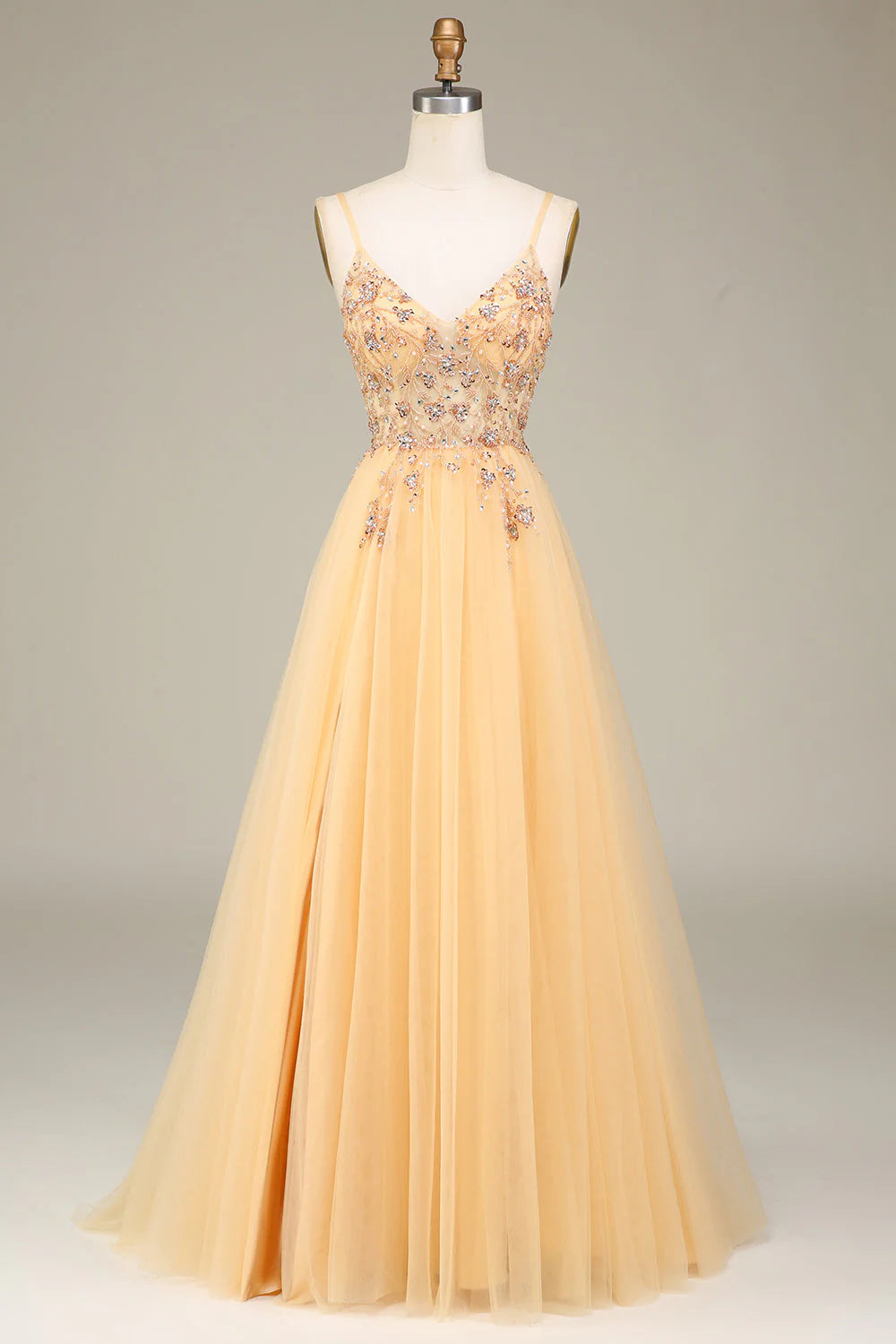 A Line Spaghetti Straps Long Charming Golden Prom Dress With Beading