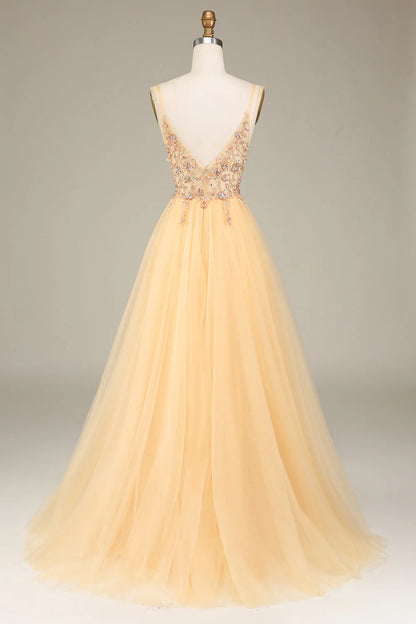 A Line Spaghetti Straps Long Charming Golden Prom Dress With Beading