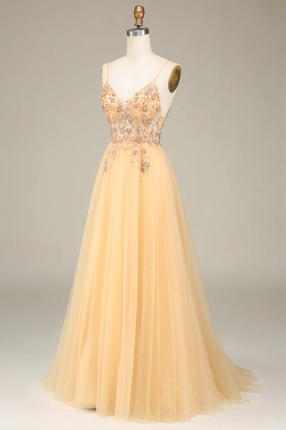 A Line Spaghetti Straps Long Charming Golden Prom Dress With Beading