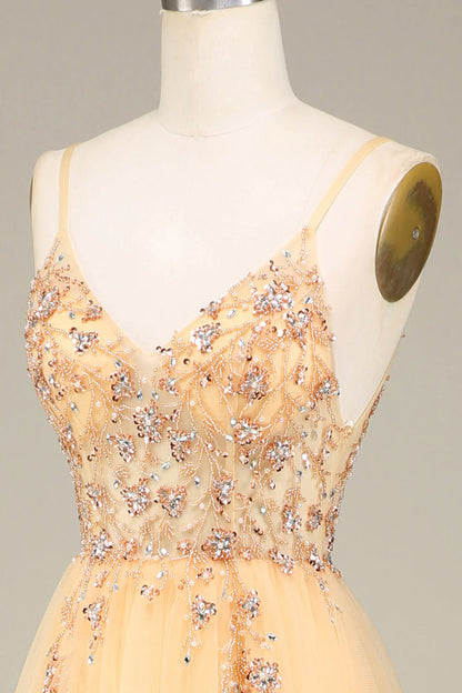 A Line Spaghetti Straps Long Charming Golden Prom Dress With Beading