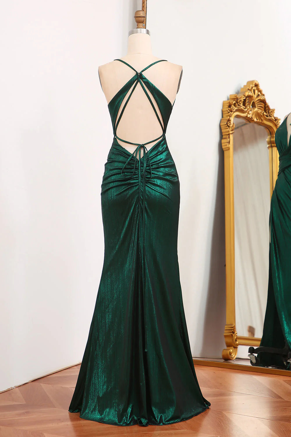 Dark Green Mermaid Spaghetti Straps Long Prom Dress With Open Back