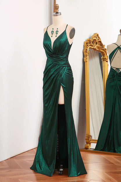 Dark Green Mermaid Spaghetti Straps Long Prom Dress With Open Back