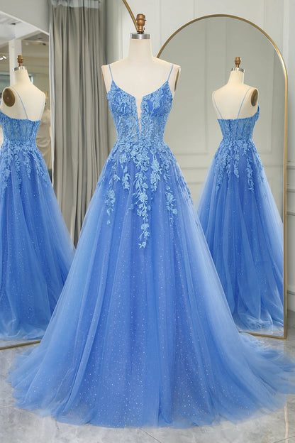 A-Line Spaghetti Straps Tulle Long Blue  Prom Dress With Appliques