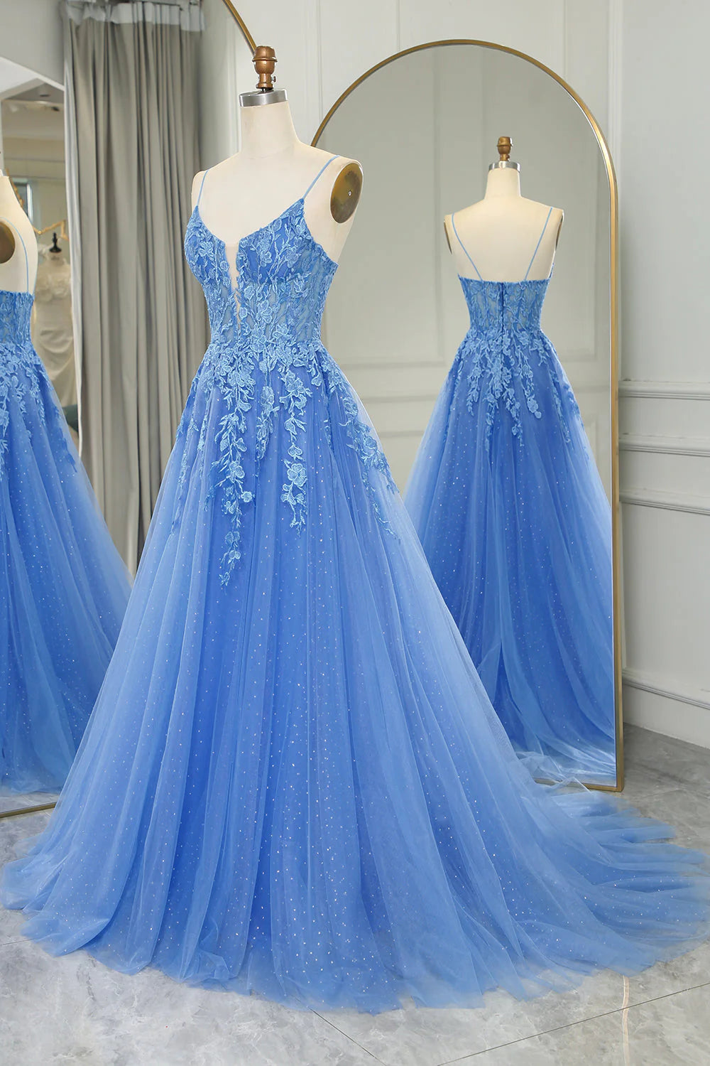 A-Line Spaghetti Straps Tulle Long Blue  Prom Dress With Appliques