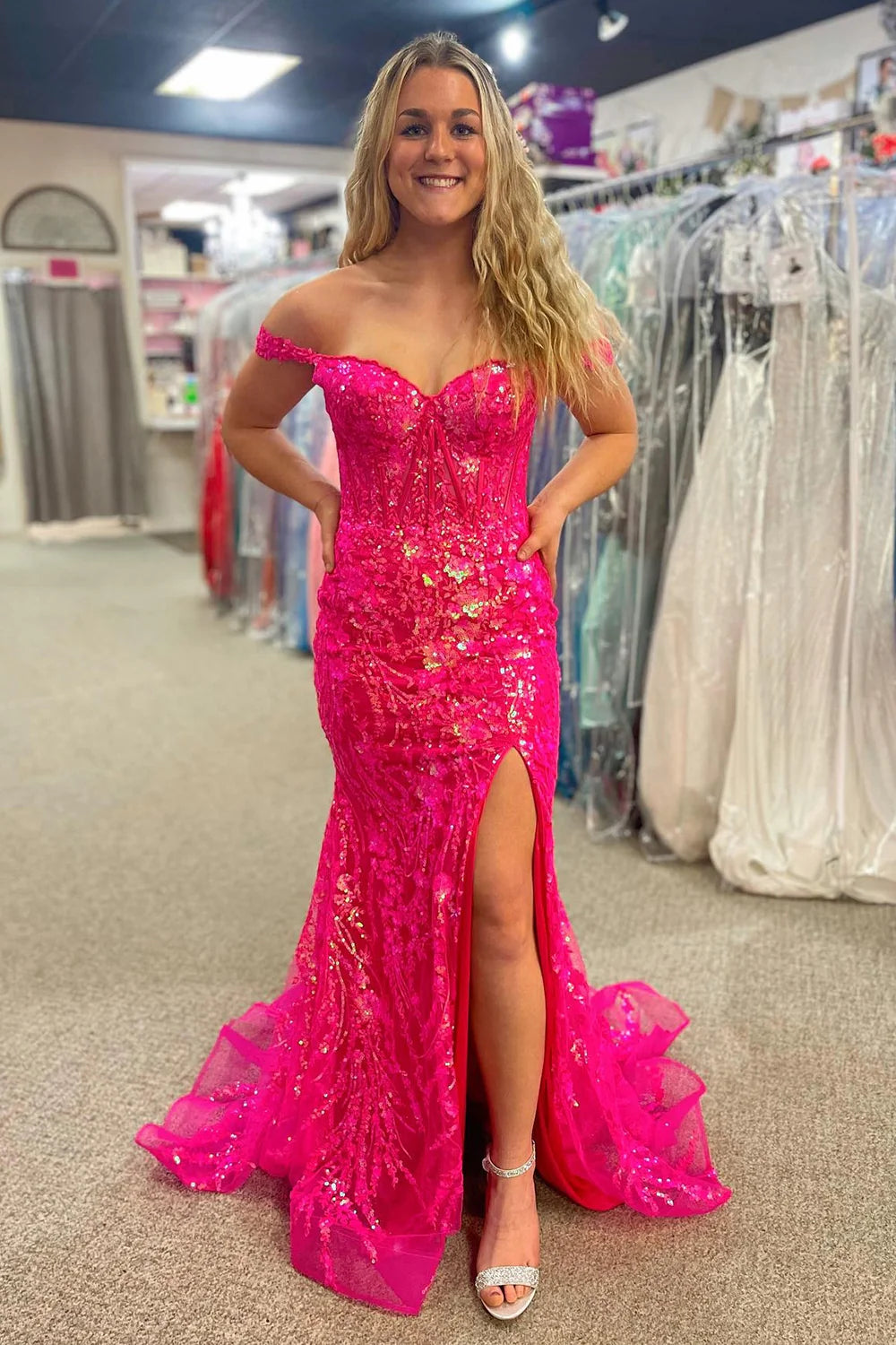 Sparkly Mermaid Off The Shoulder Corset Prom Dress With Slit