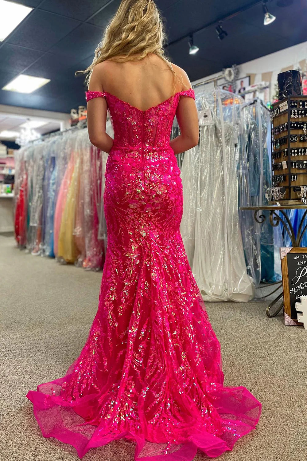 Sparkly Mermaid Off The Shoulder Corset Prom Dress With Slit