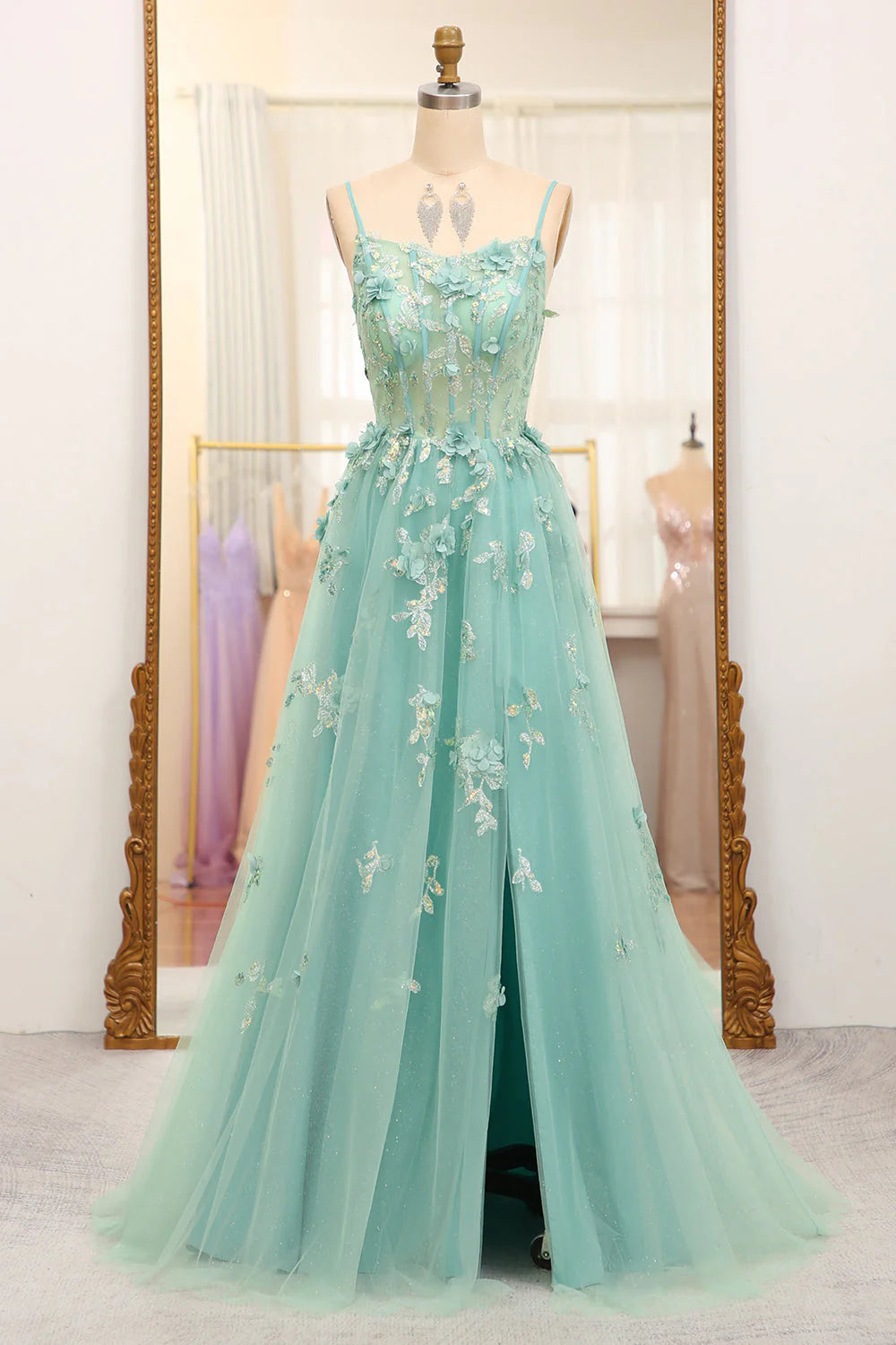 A-Line Spaghetti Straps Long Sparkly Green Prom Dress With Appliques