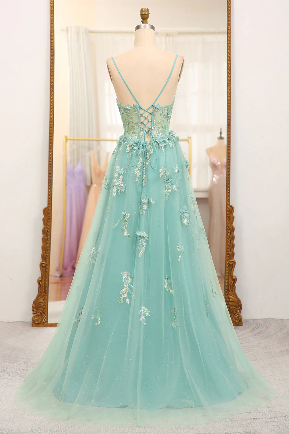 A-Line Spaghetti Straps Long Sparkly Green Prom Dress With Appliques