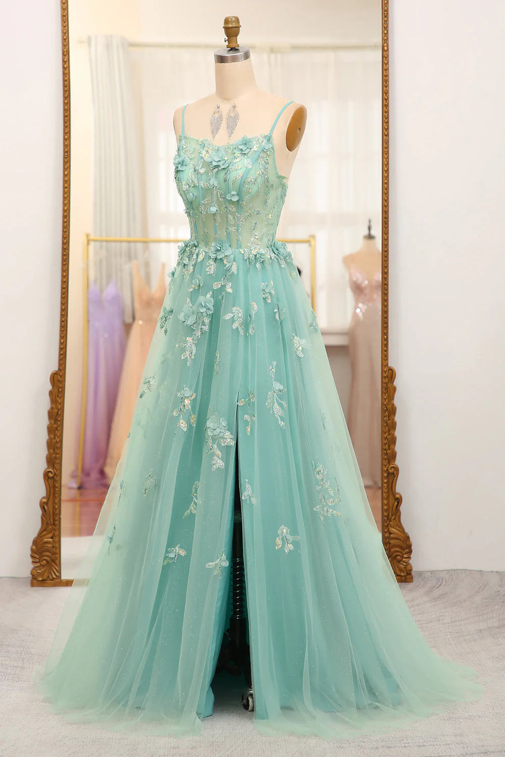 A-Line Spaghetti Straps Long Sparkly Green Prom Dress With Appliques