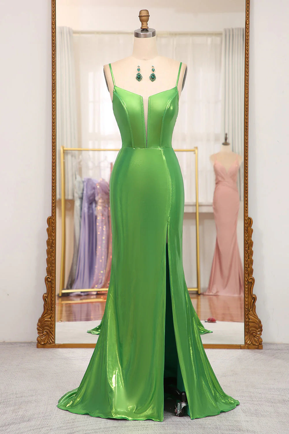 Mermaid Spaghetti Straps Corset Long Bright Green  Prom Dress With Slit