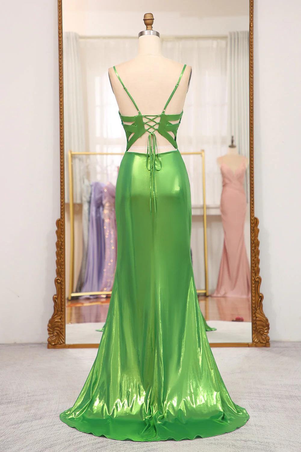 Mermaid Spaghetti Straps Corset Long Bright Green  Prom Dress With Slit