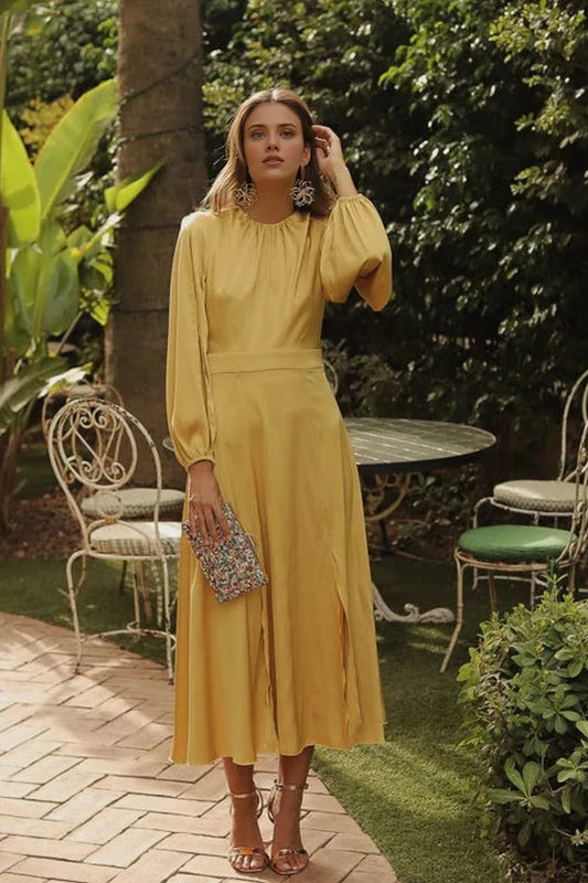 Yellow Round Neck Tea-Length A-line Long Sleeves Lace Up Backless Party Prom Evening Dress