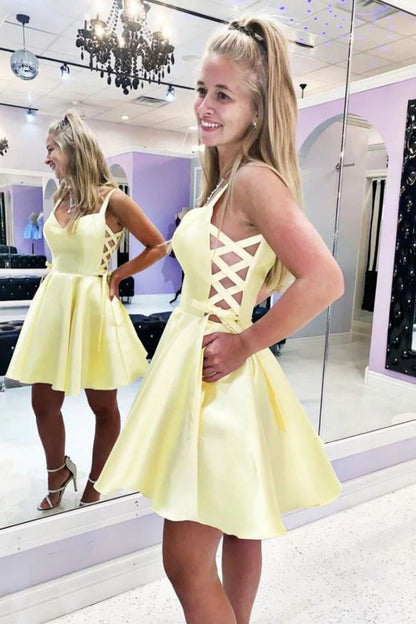 Weitese Yellow Short Mini Satin Homecoming Dress