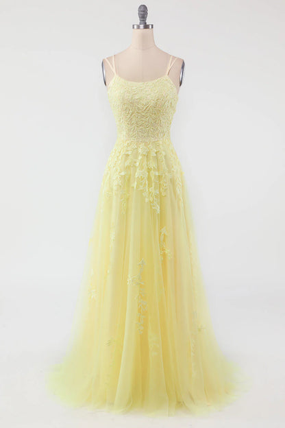 A-Line  Tulle Appliqued Spaghetti Straps Prom Dress