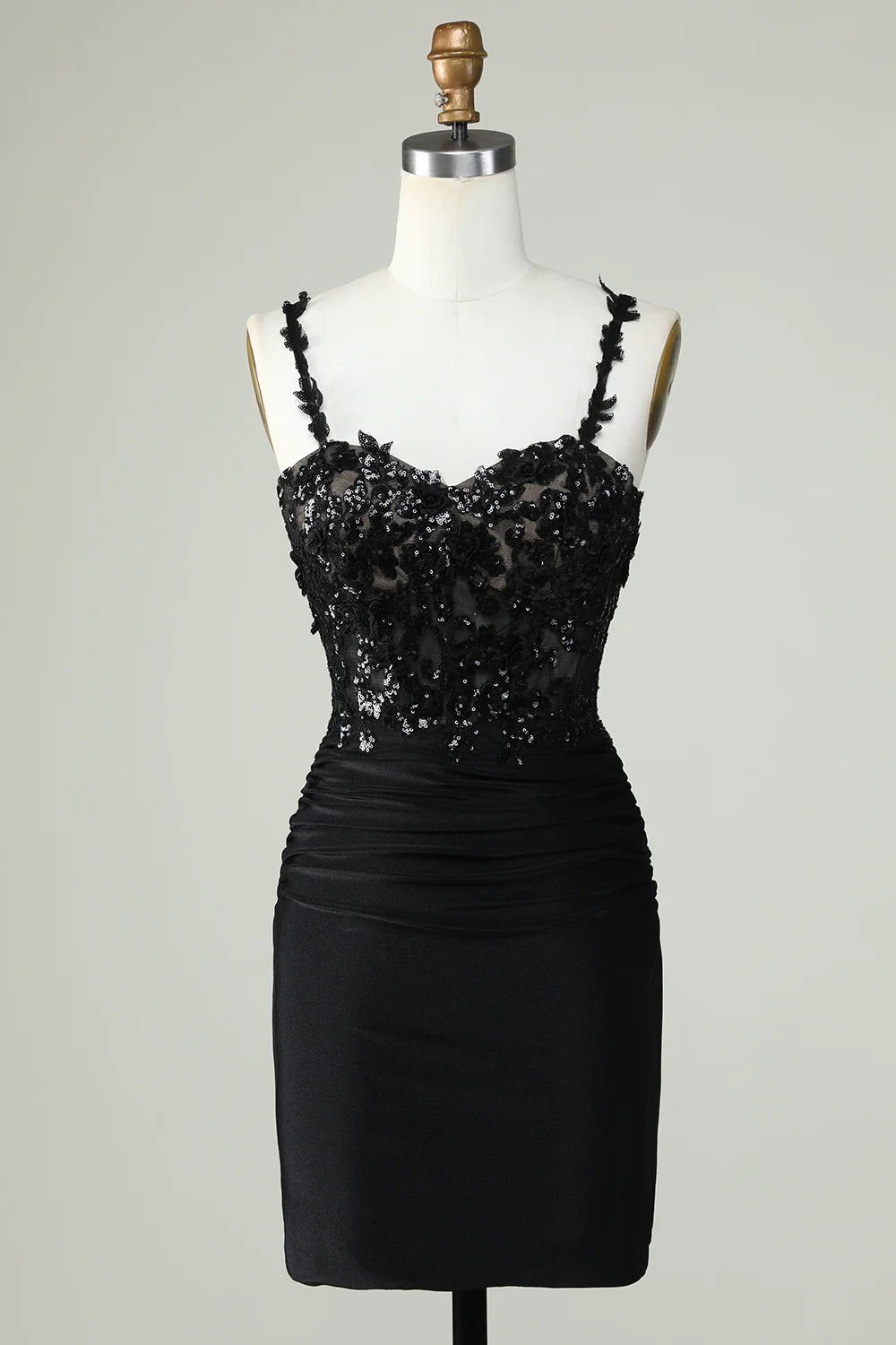 Black Spaghetti Straps Corset Tight Homecoming Dress With Appliques