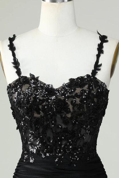 Black Spaghetti Straps Corset Tight Homecoming Dress With Appliques