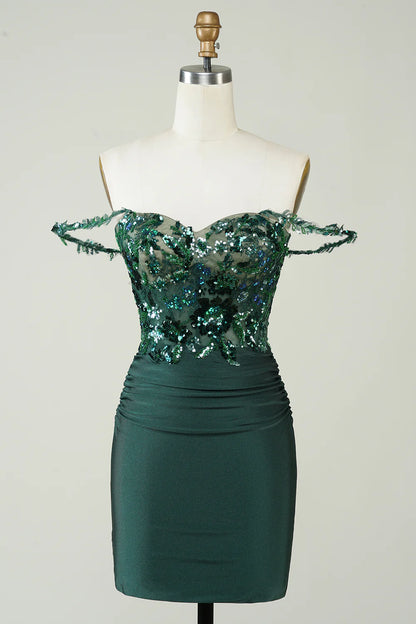 Spaghetti Straps Corset Tight Dark Green Homecoming Dress With Appliques