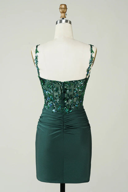 Spaghetti Straps Corset Tight Dark Green Homecoming Dress With Appliques