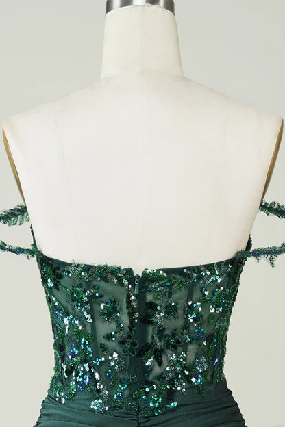 Spaghetti Straps Corset Tight Dark Green Homecoming Dress With Appliques